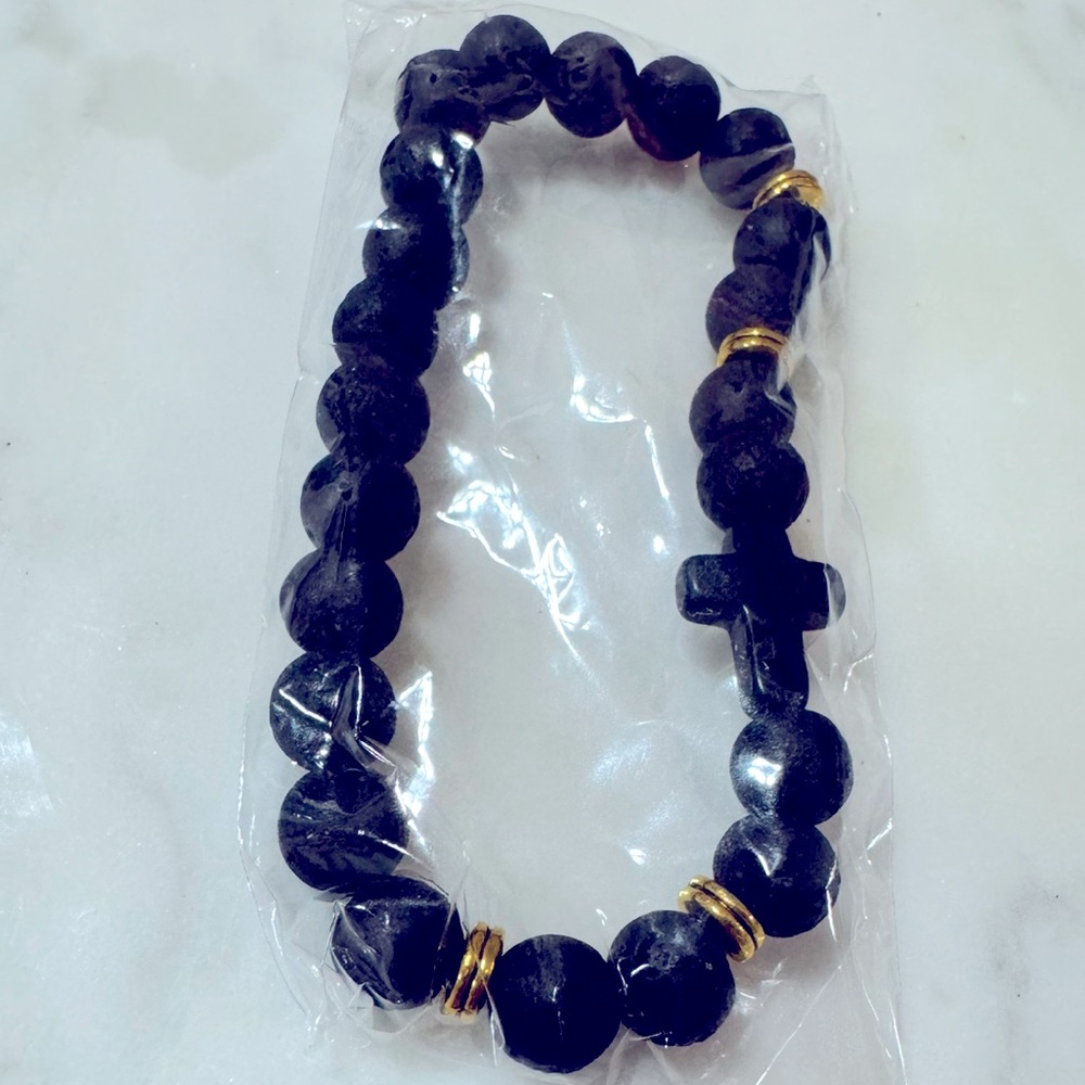 NEW Matte Black Bead & Cross Bracelet